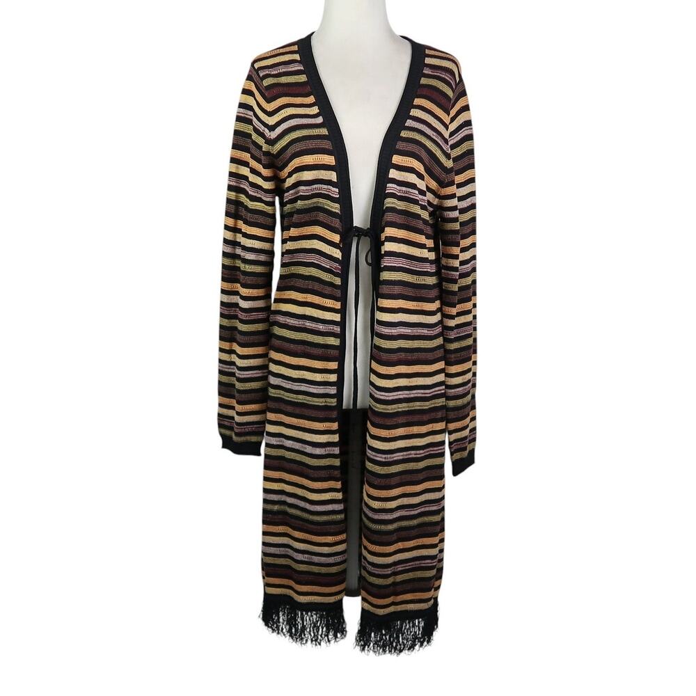 Yest Black and Brown Tone Stripe Duster Cardigan Sweater w/ Fringe Trim